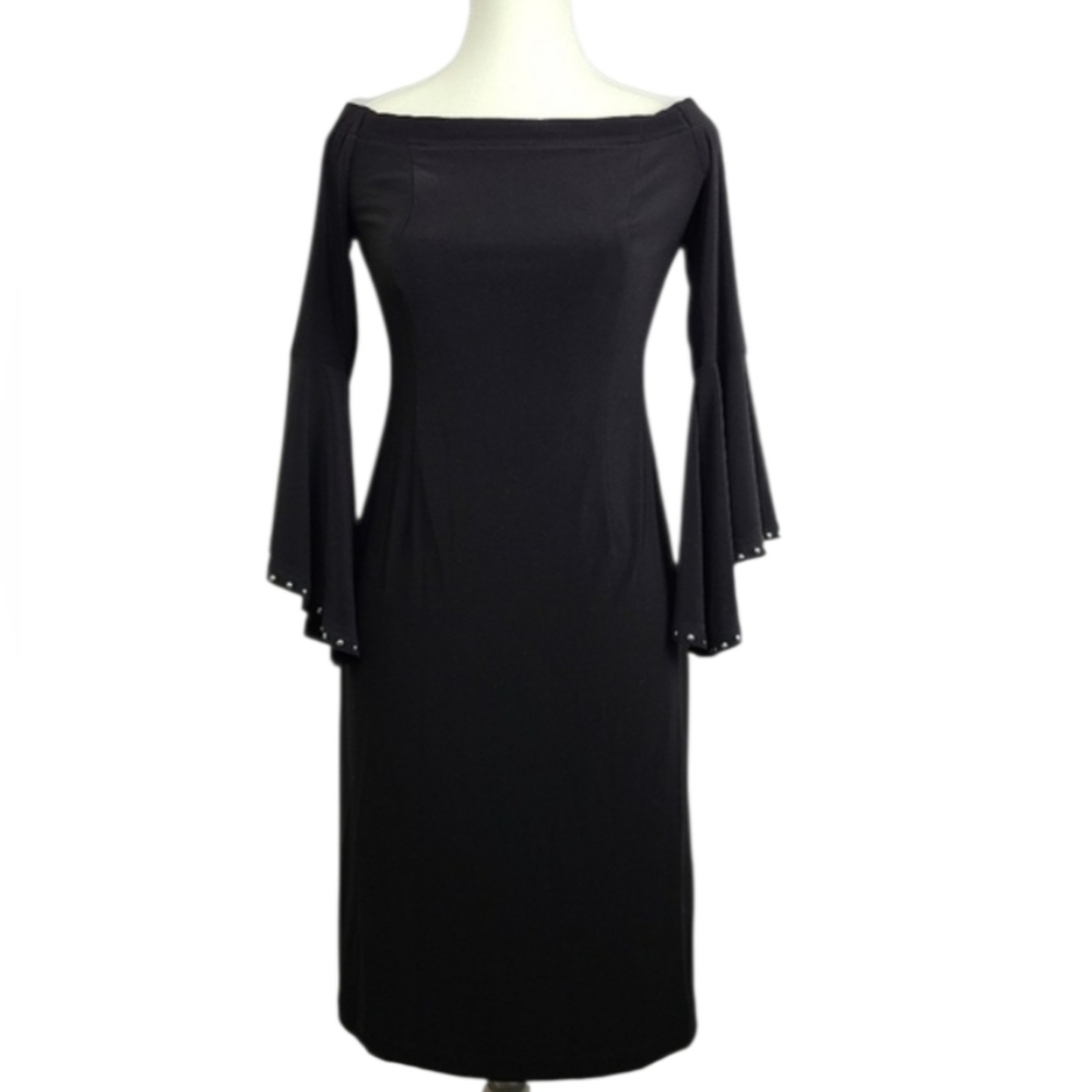 Joseph Ribkoff Black Off-Shoulder Midi Dress Sz 4 Trumpet Sleeves Vamp Classic